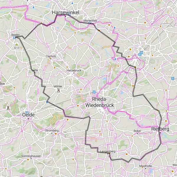 Map miniature of "Beelen to Harsewinkel Loop" cycling inspiration in Münster, Germany. Generated by Tarmacs.app cycling route planner