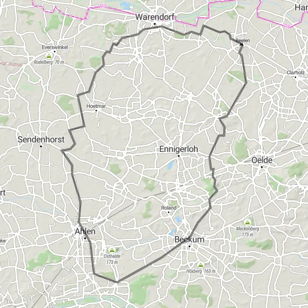 Map miniature of "Beelen to Warendorf Loop" cycling inspiration in Münster, Germany. Generated by Tarmacs.app cycling route planner