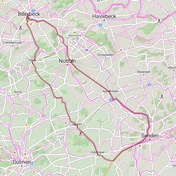 Map miniature of "Appelhülsen Adventure" cycling inspiration in Münster, Germany. Generated by Tarmacs.app cycling route planner