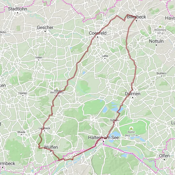 Map miniature of "Rorup Loop" cycling inspiration in Münster, Germany. Generated by Tarmacs.app cycling route planner