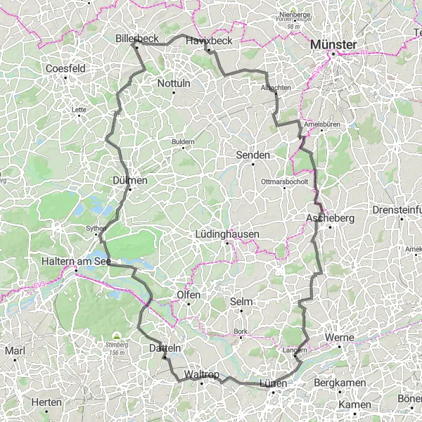 Map miniature of "Legendary Climbs" cycling inspiration in Münster, Germany. Generated by Tarmacs.app cycling route planner