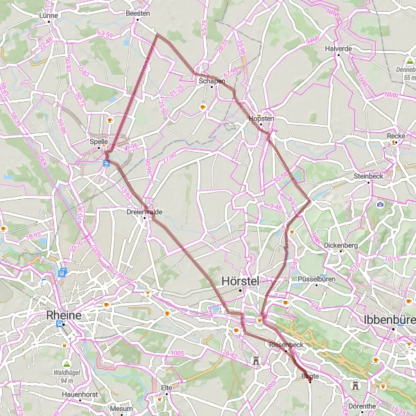 Map miniature of "Birgte to Uffeln Gravel Loop" cycling inspiration in Münster, Germany. Generated by Tarmacs.app cycling route planner