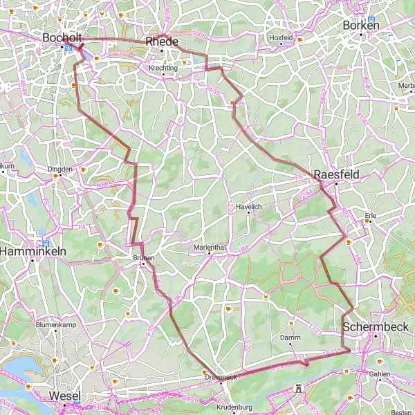 Map miniature of "Haus Rhede and Bocholt Gravel Cycling Route" cycling inspiration in Münster, Germany. Generated by Tarmacs.app cycling route planner