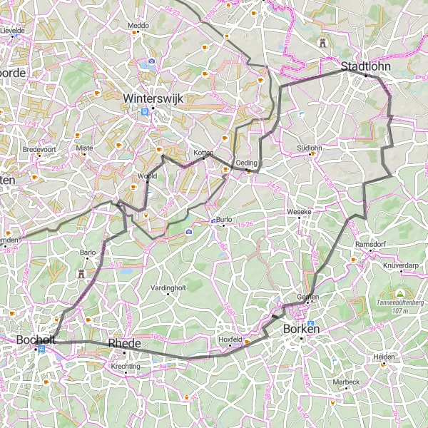 Map miniature of "Woold to Bocholt Road Cycling Route" cycling inspiration in Münster, Germany. Generated by Tarmacs.app cycling route planner