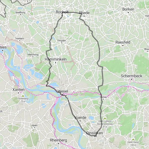 Map miniature of "Road Tour Bocholt" cycling inspiration in Münster, Germany. Generated by Tarmacs.app cycling route planner