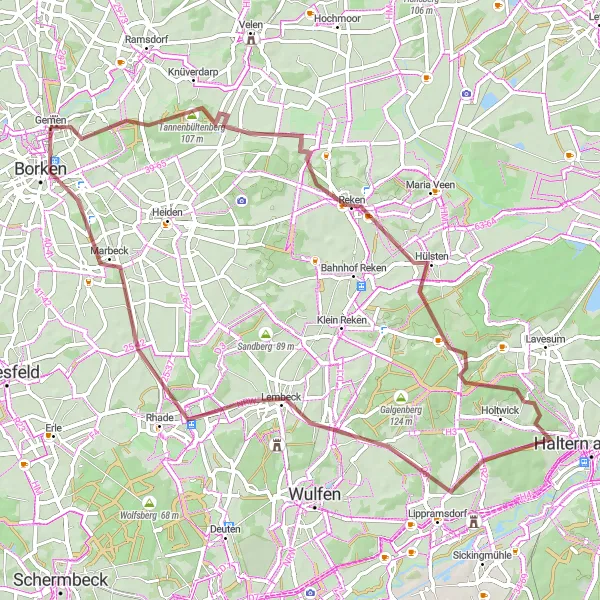 Map miniature of "Gemen Gravel Adventure" cycling inspiration in Münster, Germany. Generated by Tarmacs.app cycling route planner