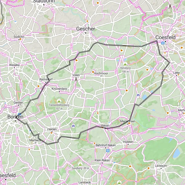 Map miniature of "Borken Loop" cycling inspiration in Münster, Germany. Generated by Tarmacs.app cycling route planner