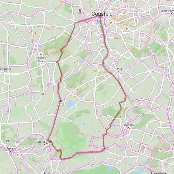 Map miniature of "Gravel Tour - Ludgerusburg and Coesfeld" cycling inspiration in Münster, Germany. Generated by Tarmacs.app cycling route planner