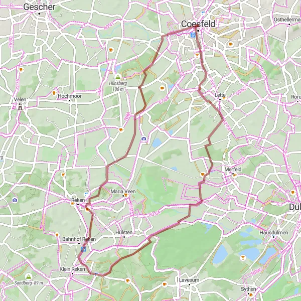 Map miniature of "Gravel Adventure - Ludgerusburg and Coesfeld" cycling inspiration in Münster, Germany. Generated by Tarmacs.app cycling route planner