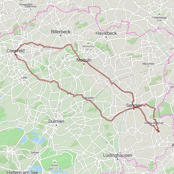 Map miniature of "Rorup Gravel Adventure" cycling inspiration in Münster, Germany. Generated by Tarmacs.app cycling route planner