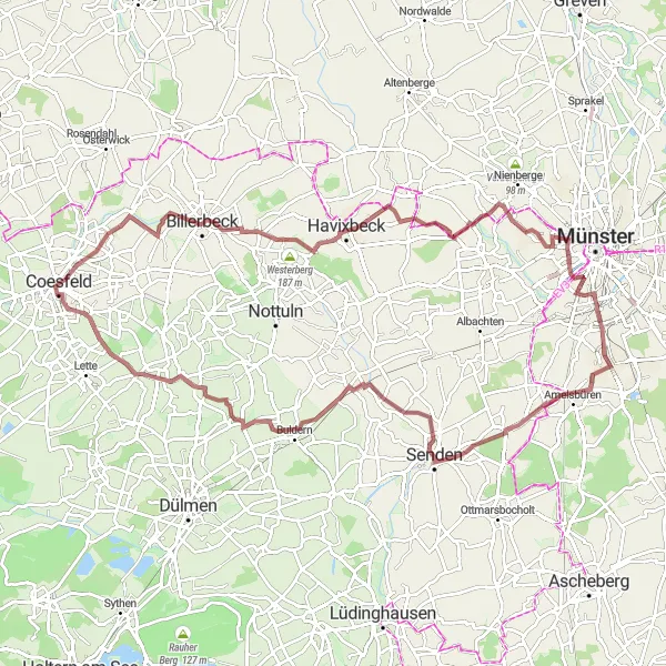 Map miniature of "Senden Gravel Experience" cycling inspiration in Münster, Germany. Generated by Tarmacs.app cycling route planner