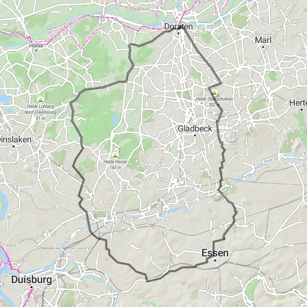 Karten-Miniaturansicht der Radinspiration "Halde Oberscholven und Hardt Radrundkurs" in Münster, Germany. Erstellt vom Tarmacs.app-Routenplaner für Radtouren