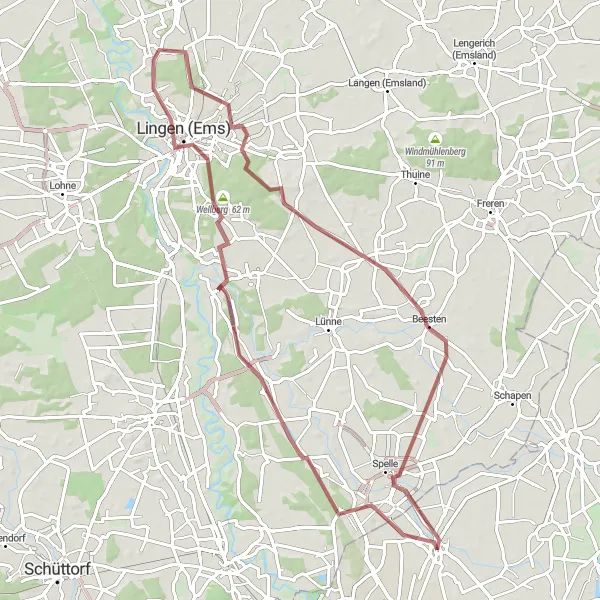 Karten-Miniaturansicht der Radinspiration "Gravelroute von Dreierwalde nach Spelle" in Münster, Germany. Erstellt vom Tarmacs.app-Routenplaner für Radtouren