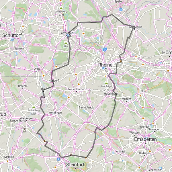 Map miniature of "Through the picturesque countryside of Dreierwalde" cycling inspiration in Münster, Germany. Generated by Tarmacs.app cycling route planner