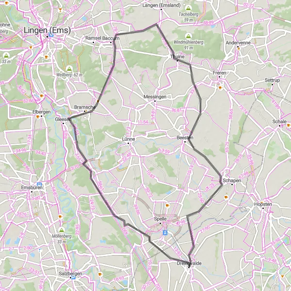 Map miniature of "Scenic Tour through Dreierwalde and Beyond" cycling inspiration in Münster, Germany. Generated by Tarmacs.app cycling route planner