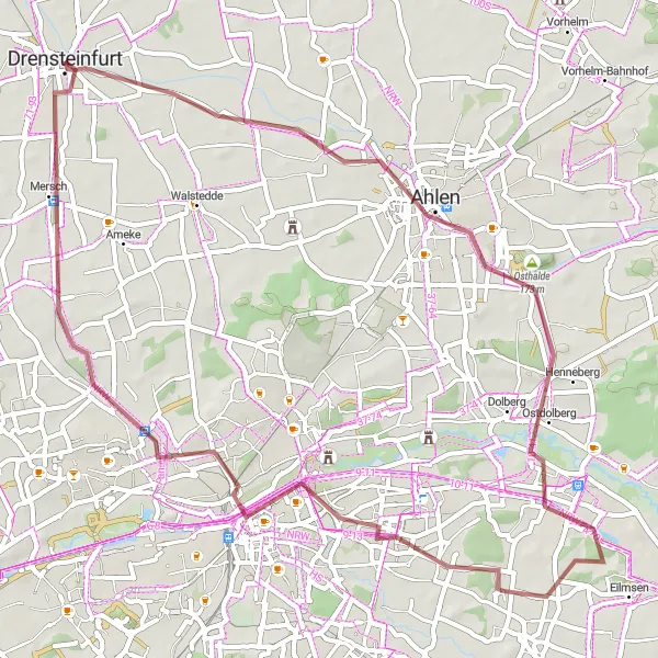 Map miniature of "Ahlen-Glaselefant Gravel Adventure" cycling inspiration in Münster, Germany. Generated by Tarmacs.app cycling route planner