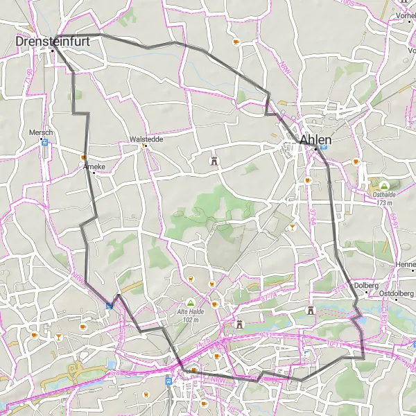 Map miniature of "The Road to Exploration" cycling inspiration in Münster, Germany. Generated by Tarmacs.app cycling route planner