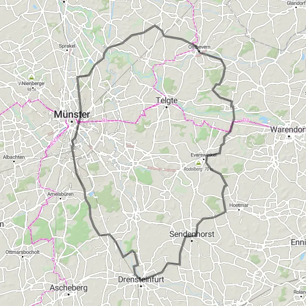 Map miniature of "Hiltrup-Ostbevern Road Loop" cycling inspiration in Münster, Germany. Generated by Tarmacs.app cycling route planner