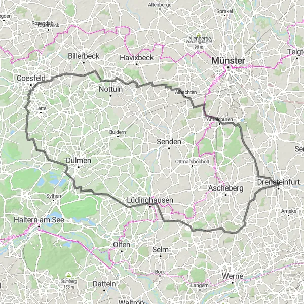 Map miniature of "Capelle & Vischering Castle Circuit" cycling inspiration in Münster, Germany. Generated by Tarmacs.app cycling route planner