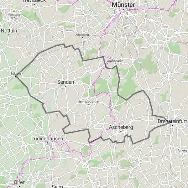 Map miniature of "Buldern & Bösensell Loop" cycling inspiration in Münster, Germany. Generated by Tarmacs.app cycling route planner