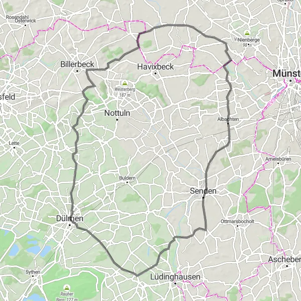 Karten-Miniaturansicht der Radinspiration "Münsterland Road Tour" in Münster, Germany. Erstellt vom Tarmacs.app-Routenplaner für Radtouren