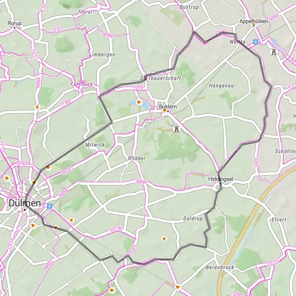 Map miniature of "Hiddingsel Loop" cycling inspiration in Münster, Germany. Generated by Tarmacs.app cycling route planner