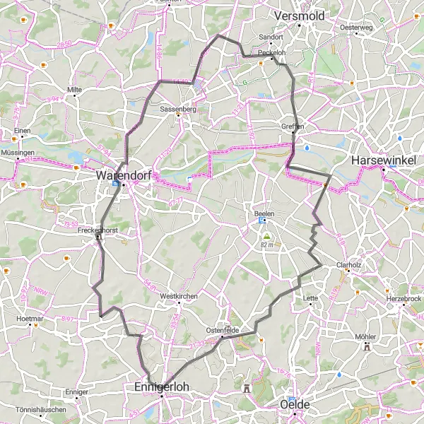 Karten-Miniaturansicht der Radinspiration "Rundtour durch Greffen und Peckeloh" in Münster, Germany. Erstellt vom Tarmacs.app-Routenplaner für Radtouren