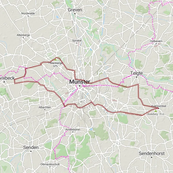 Map miniature of "Challenging Hills of Kasewinkel" cycling inspiration in Münster, Germany. Generated by Tarmacs.app cycling route planner