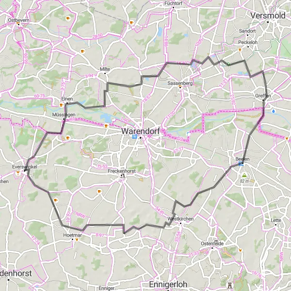 Map miniature of "Everswinkel to Müssingen Loop" cycling inspiration in Münster, Germany. Generated by Tarmacs.app cycling route planner