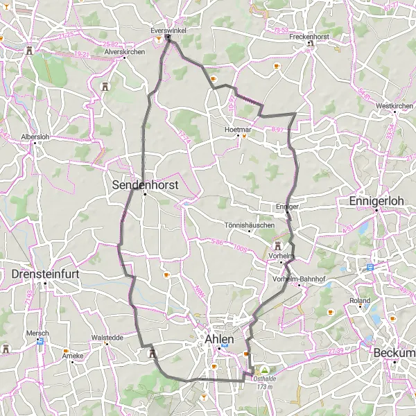 Map miniature of "Eureners Schwälbchen Schleife" cycling inspiration in Münster, Germany. Generated by Tarmacs.app cycling route planner