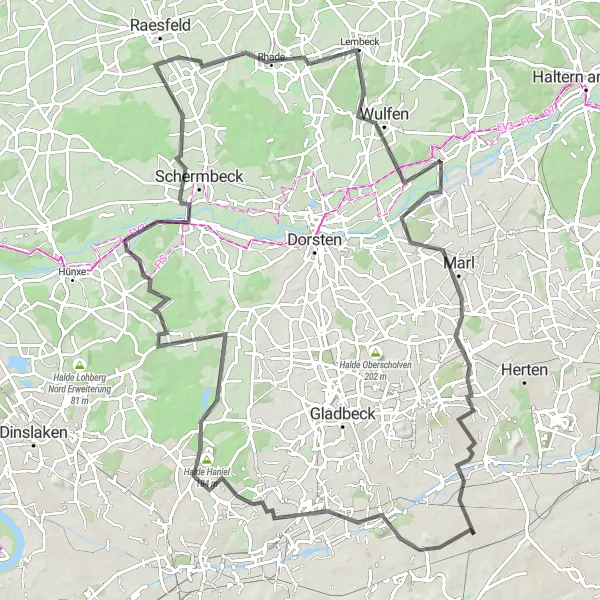 Karten-Miniaturansicht der Radinspiration "Radroute um Gelsenkirchen - Natur und Geschichte entdecken" in Münster, Germany. Erstellt vom Tarmacs.app-Routenplaner für Radtouren