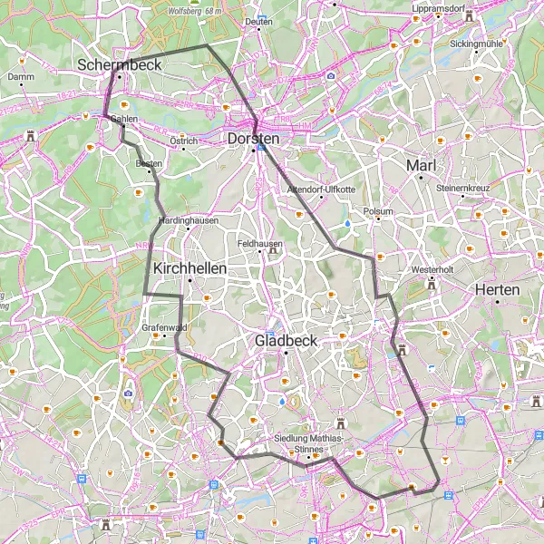 Karten-Miniaturansicht der Radinspiration "Road-Tour durch das nördliche Ruhrgebiet" in Münster, Germany. Erstellt vom Tarmacs.app-Routenplaner für Radtouren