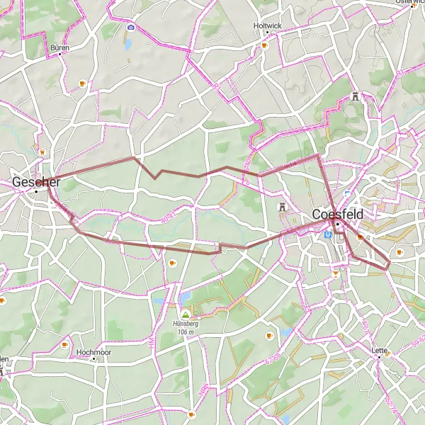 Map miniature of "Gescher Gravel Loop" cycling inspiration in Münster, Germany. Generated by Tarmacs.app cycling route planner