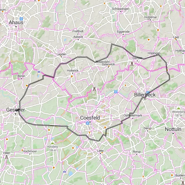 Karten-Miniaturansicht der Radinspiration "Herausfordernde Straßenfahrt durch Rosendahl und Gescher" in Münster, Germany. Erstellt vom Tarmacs.app-Routenplaner für Radtouren