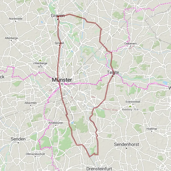 Map miniature of "Greven to Westbevern Gravel Adventure" cycling inspiration in Münster, Germany. Generated by Tarmacs.app cycling route planner