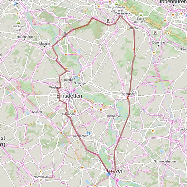 Map miniature of "Greven to Saerbeck Gravel Adventure" cycling inspiration in Münster, Germany. Generated by Tarmacs.app cycling route planner