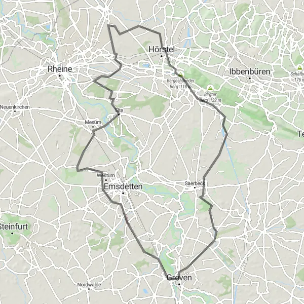 Map miniature of "Greven to Reckenfeld Round Trip" cycling inspiration in Münster, Germany. Generated by Tarmacs.app cycling route planner