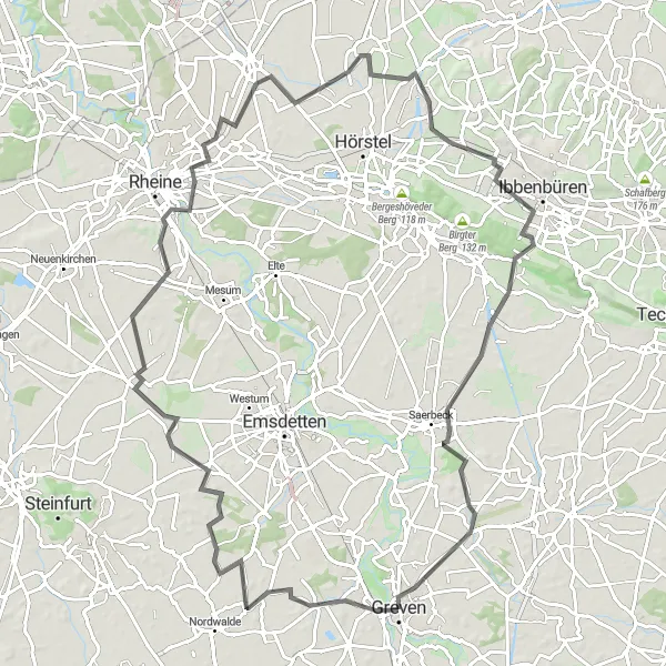 Map miniature of "Greven to Hüttrup Round Trip" cycling inspiration in Münster, Germany. Generated by Tarmacs.app cycling route planner