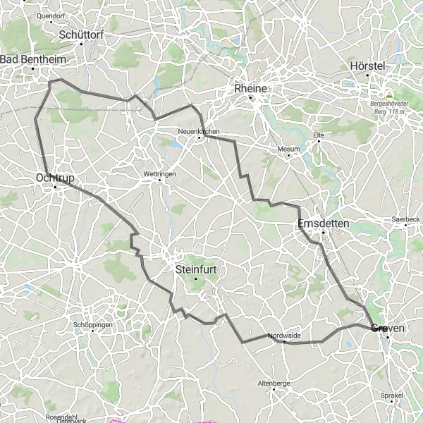 Map miniature of "Nordwalde to Reckenfeld" cycling inspiration in Münster, Germany. Generated by Tarmacs.app cycling route planner