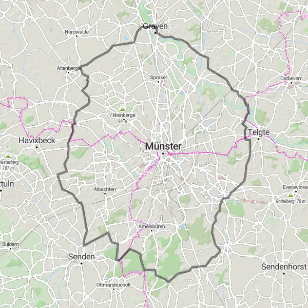 Map miniature of "Greven Round-Trip" cycling inspiration in Münster, Germany. Generated by Tarmacs.app cycling route planner