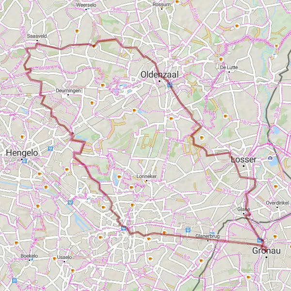 Karten-Miniaturansicht der Radinspiration "Entdecken Sie Enschede und Umgebung auf dem Schotterweg" in Münster, Germany. Erstellt vom Tarmacs.app-Routenplaner für Radtouren