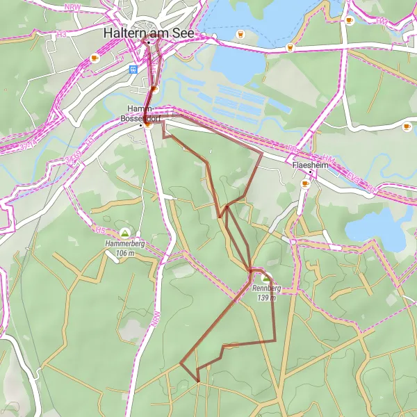 Map miniature of "Short Gravel Escape: Haltern am See to Hamm-Bossendorf" cycling inspiration in Münster, Germany. Generated by Tarmacs.app cycling route planner