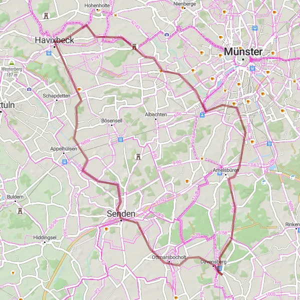 Karten-Miniaturansicht der Radinspiration "Rund um Havixbeck auf Schotterwegen" in Münster, Germany. Erstellt vom Tarmacs.app-Routenplaner für Radtouren