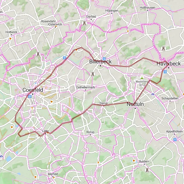 Map miniature of "Scenic Gravel Ride: Havixbeck to Coesfeld" cycling inspiration in Münster, Germany. Generated by Tarmacs.app cycling route planner