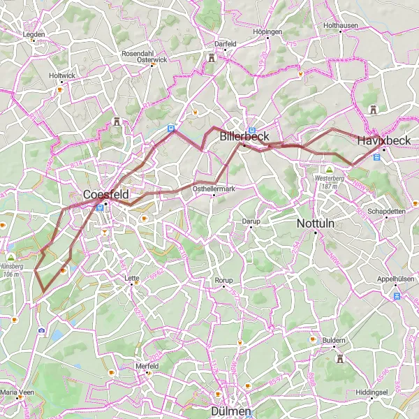 Map miniature of "Westerberg and Coesfeld Loop" cycling inspiration in Münster, Germany. Generated by Tarmacs.app cycling route planner
