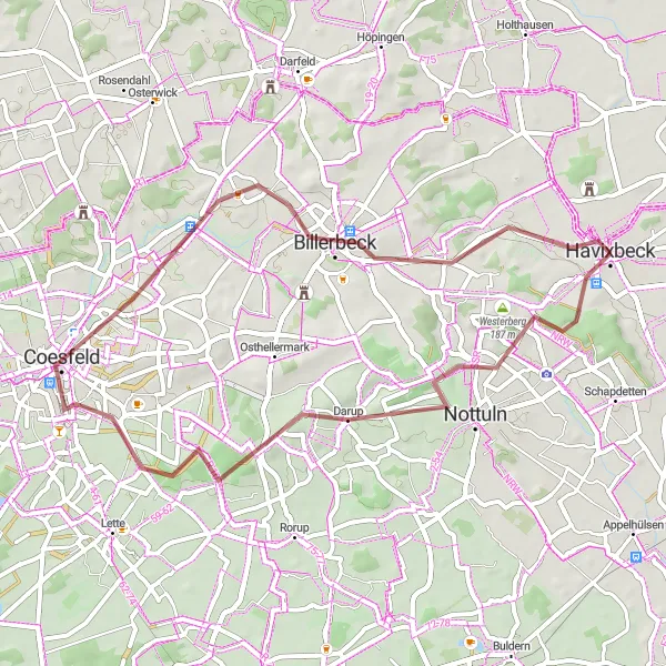 Map miniature of "Gravel Adventure: Havixbeck to Coesfeld Loop" cycling inspiration in Münster, Germany. Generated by Tarmacs.app cycling route planner