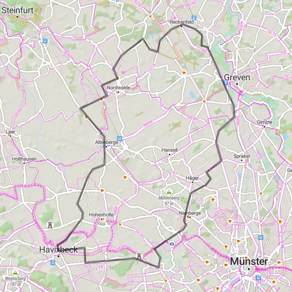 Map miniature of "Altenberge and Reckenfeld Loop" cycling inspiration in Münster, Germany. Generated by Tarmacs.app cycling route planner