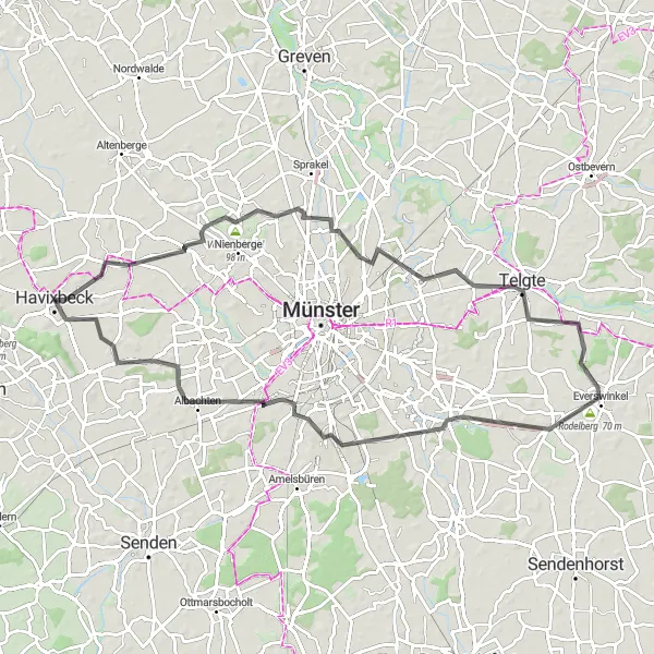 Map miniature of "Havixbeck to Telgte Loop" cycling inspiration in Münster, Germany. Generated by Tarmacs.app cycling route planner