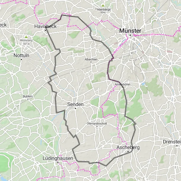 Map miniature of "Mecklenbeck and House Klein-Schonebeck Adventure" cycling inspiration in Münster, Germany. Generated by Tarmacs.app cycling route planner