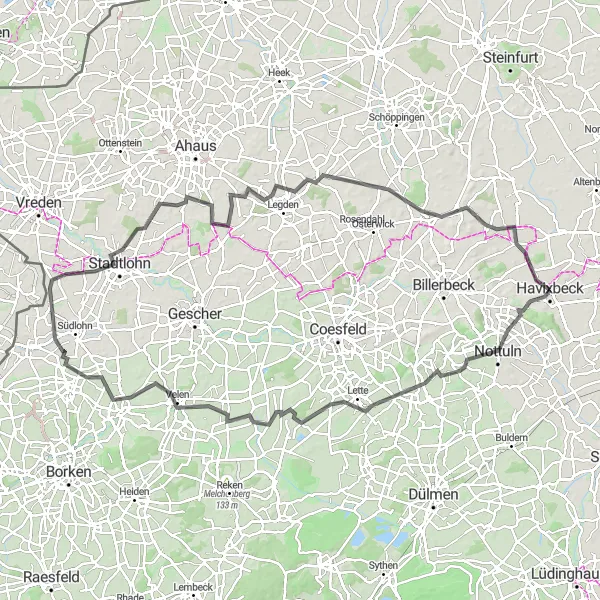 Map miniature of "Nottuln and Stadtlohn Scenic Road Adventure" cycling inspiration in Münster, Germany. Generated by Tarmacs.app cycling route planner